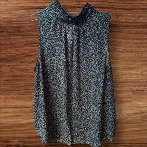 LOFT Floral Sleeveless Blouse XXL Green Ruffle Neck Top